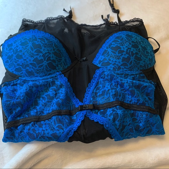 Black Fuschia Secret Lace Lingerie Blue Corset with Garters - Picture 7 of 16